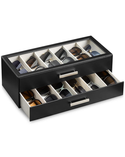 ProCase 24 Slots Sunglasses Organizer, 4-Layer Eyeglass Holder with Clear Glass Lid, PU Leather Glasses Storage Display Case for Men Women -Black
