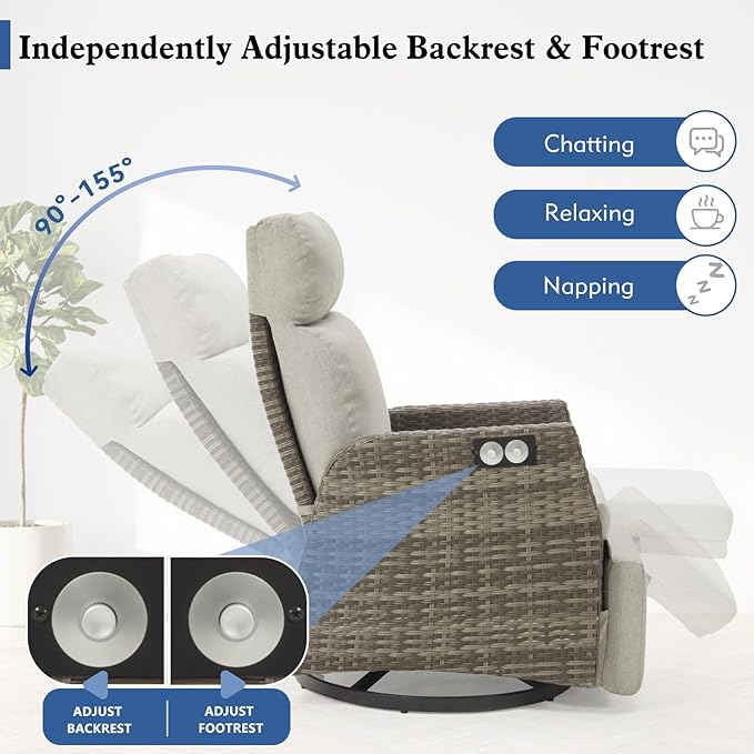 Adjustable Outdoor Recliner Chair with Independent Backrest & Footrest, Patio Swivel Recliner Chair, Wicker Reclining Patio Chair w/Flip-Up Table, 155° Lay Flat Chaise Lounge, Gray, 2PCS