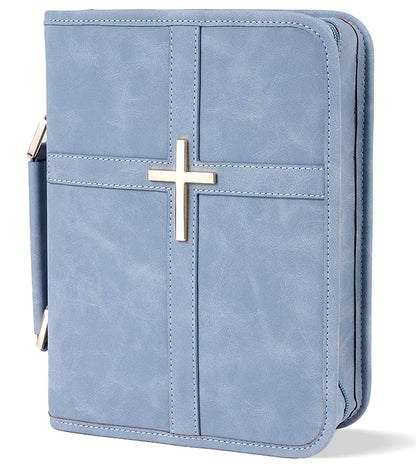 Vegan Leather Bible Cover Case, Bible Bag with Phone Pocket, Bible Case for Women, Christian Gift Box Packaging (Light Blue)