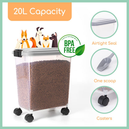 Nobleza Dog Food Storage, 20L/7.5KG Airtight Pet Food Storage Container with Wheels and Measuring Scoop, Safe & Eco, Flip-Up Lid Dog Cat Animal Dry Food Seed Dispenser Plastic Bin Large Transparent