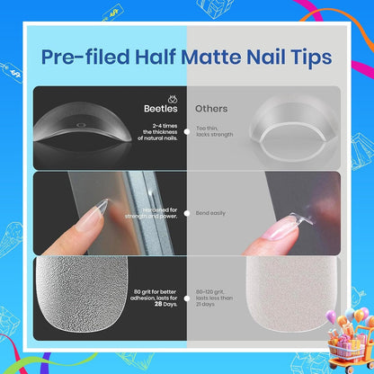 Beetles Gel Nail Extension Kit Almond Shape, Easy 9 in 1 Glue Uv Led Set Etch X Nail Tips Short Almond Half Matte Tips, Gift for Women & Girls, 504 pcs