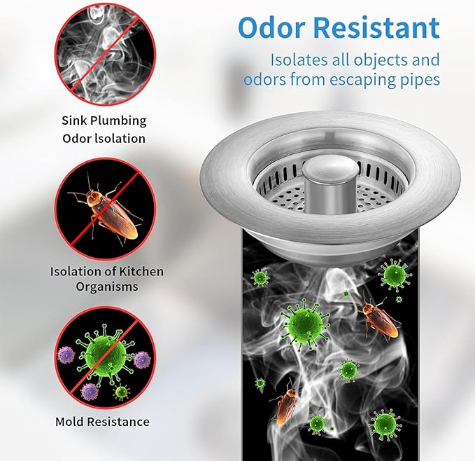 3-in-1 Kitchen Sink Drain Strainer & Sink Stopper 2 Pack : 304 Stainless Steel