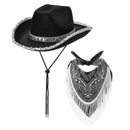 Juaugusep Western Cowboy Costume Set Bandana Wide Brim Western Style Sequins Cowgirl Hats & Tassel Scarf 2PCS Set for Party (Black Sequin, 2Pcs)