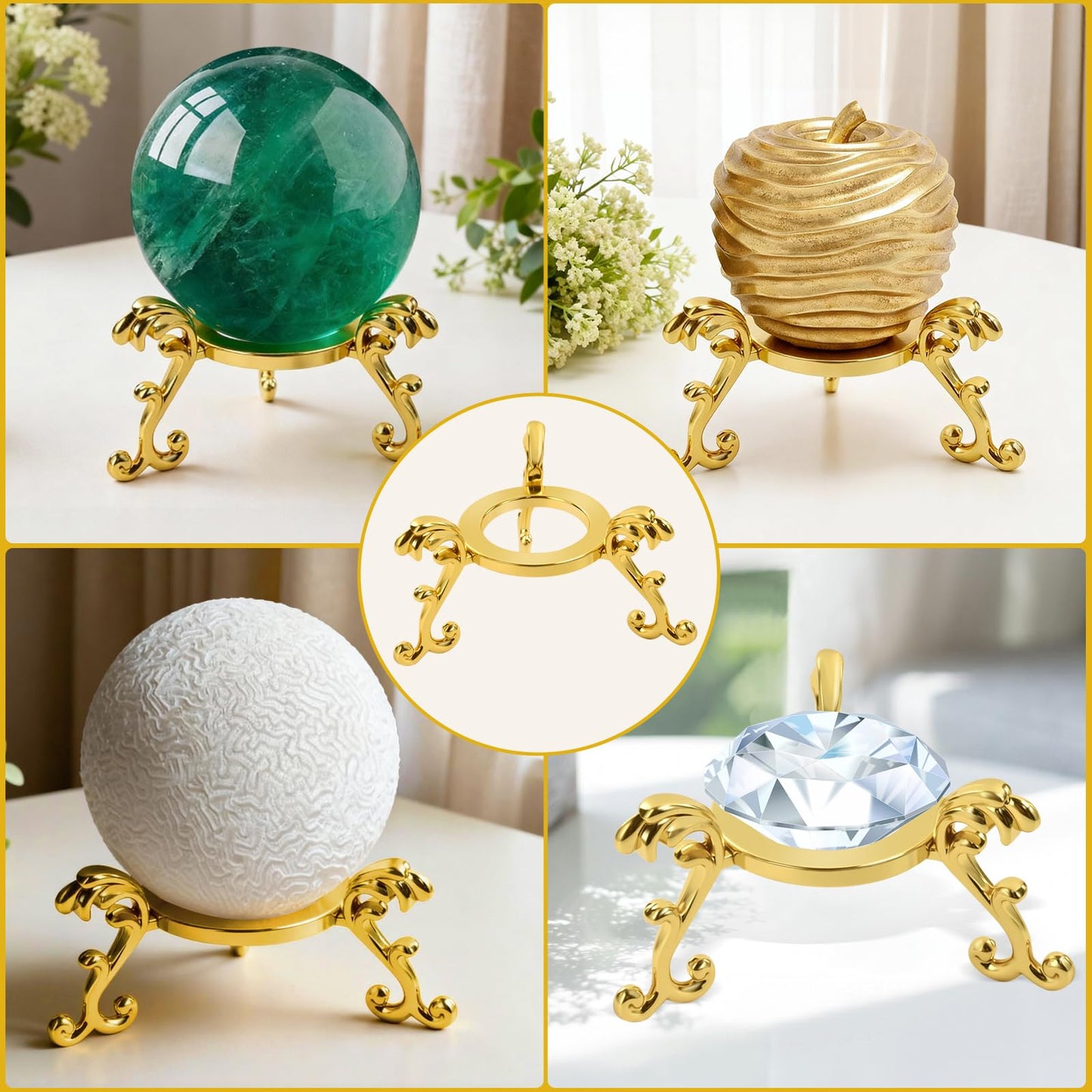 Dirvcp 10Pcs Gold Crystal Ball Stands, Gold Sphere Display Holder for 40mm-80mm Crystal Balls, Glass & Natural Stone Display Stand, Decorative Rock Organizer