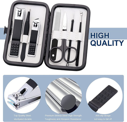 Manicure Set Personal Care Nail Clipper Kit 8Pcs Stainless Steel Manicure Kit Grooming Kit with Luxurious Travel Case Gift for Men Husband Boyfriend Parents Women Elder Patient Nail Care Tools(Black)