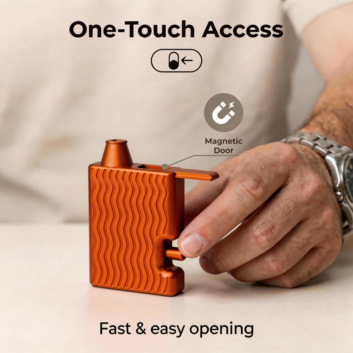 Pepper Shaker Powder Dispenser | Aviation-Grade Aluminum Alloy | One-Button Operation | Magnetic Loading Door | Leak-Proof Discreet Wave-Textured Design | Pocket-Sized (Matte Orange)