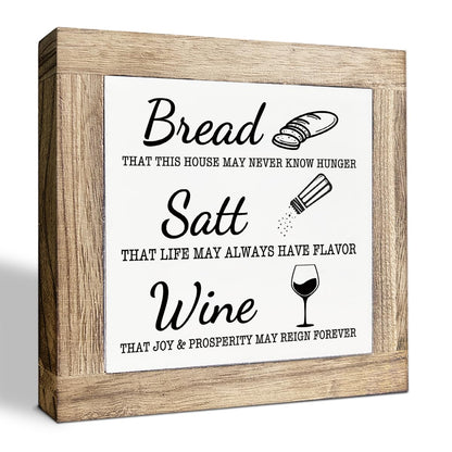Bread Salt Wine Sign, Farmhouse Kitchen Decor, Shelves Decoration, Kitchen Desk Signs, Home Decor, Dining Room Decors, Freestanding Wooden Block Signs, Housewarming Gift