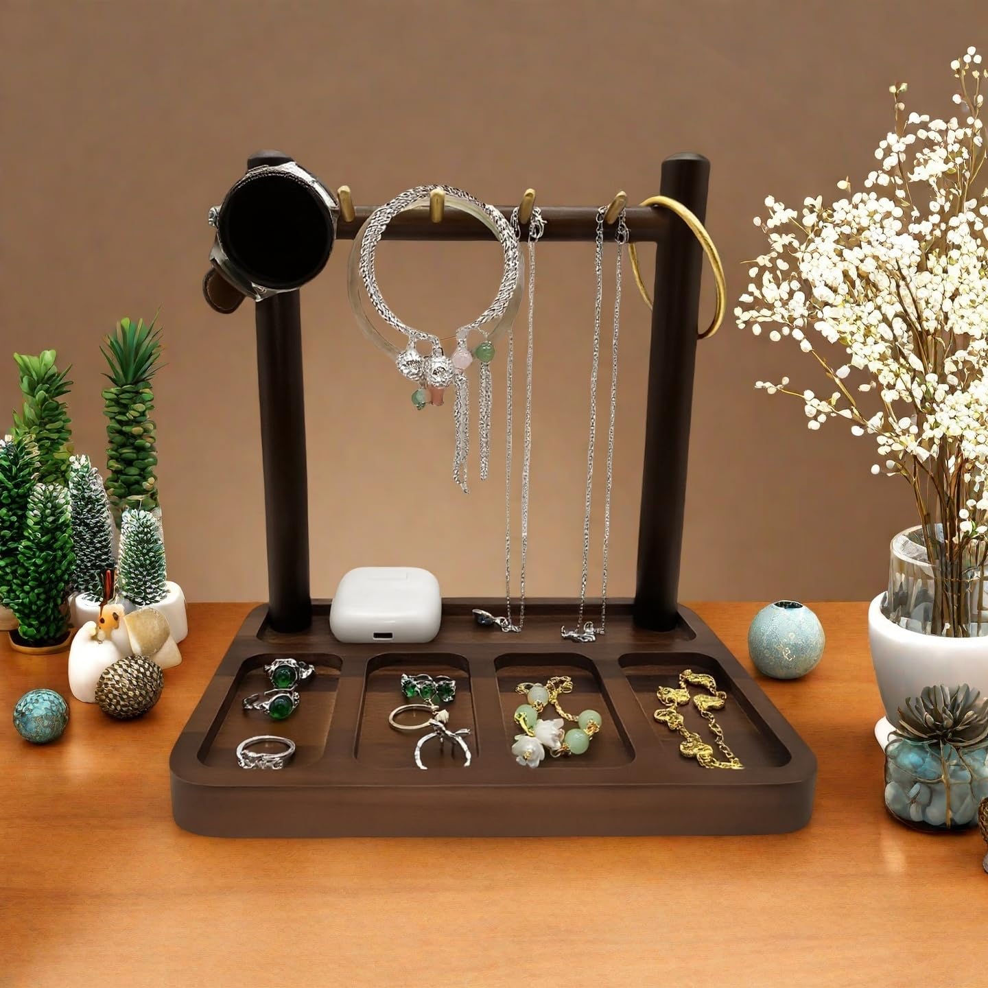 DUICIRX Jewelry Organizer Stand, Jewelry Holder, Earring Holder with 4 Hooks Necklace Organizer Wood Box for Necklace Bracelet Earring Ring (Walnut, 8.5" D x 6.1" W x 8.7" H)