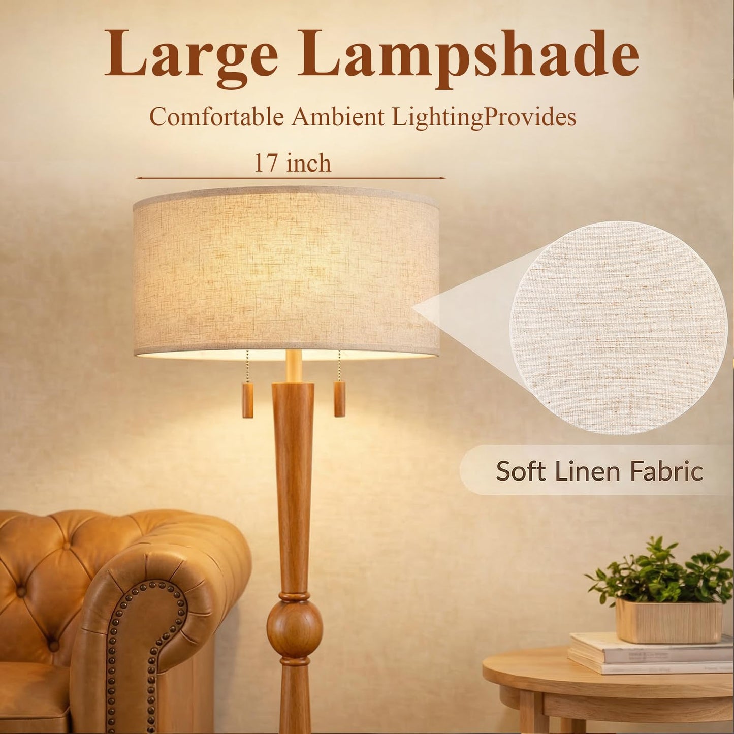 MOFFE 62.8" Solid Wood Floor Lamp,Tall Standing Floor Lamp with 2-Light Pull Chain, 17" Linen Drum Shade, Sculptural Wood Base & Stem,Transitional Floor Lamp for Living Room Bedroom, Includes 2 Bulbs