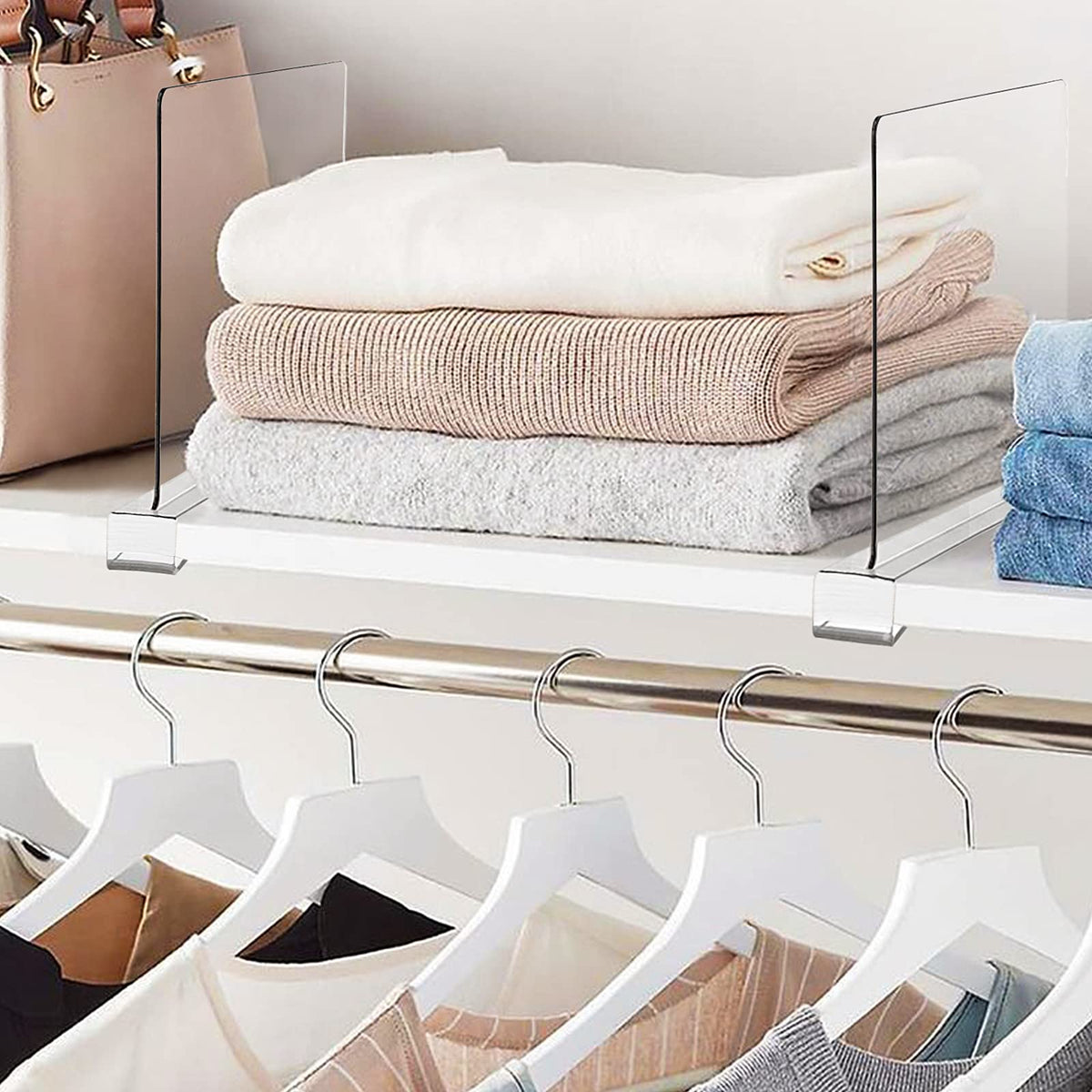 BAUMFEUER 12 Pack Clear Acrylic Shelf Dividers for Closet Shelf Organizer of Bedroom Kitchen Office Bathroom Organizer for Clothes Books Hats and Handbags