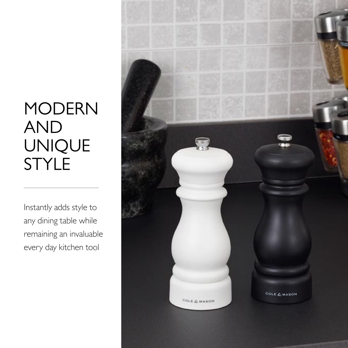 Cole & Mason Southwold Classic Salt & Pepper Mill Gift Set - Salt and Pepper Grinders with a Matte Finish - Adjustable & Refillable Mills - Hand Wash Kitchen Tool - Black/White