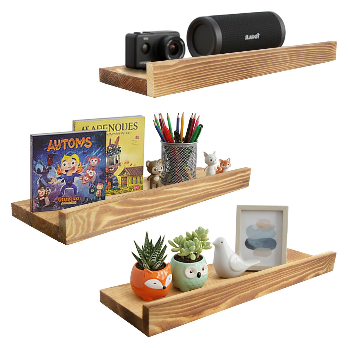 Wood Pegboard Shelves & Brackets Set - 3Pack 1/4 inch Peg Board Display Racks 14" x 4" Slat with Lip - Aesthetic Display & Storage Shelf for Room Office Craft Studio Workshop Workspace Garage (Brown)