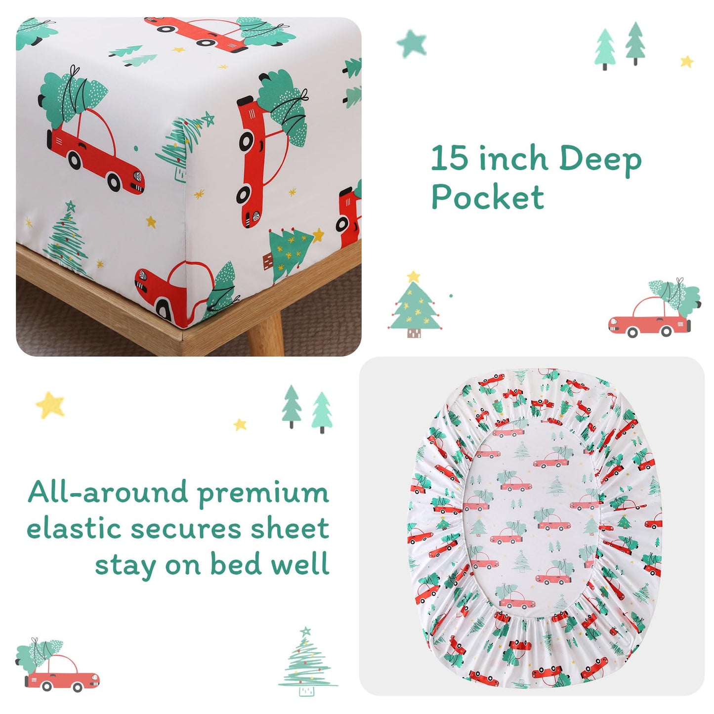 JSD Red Cars Christmas Kids Sheet Set Twin Size, 3 Piece Soft Holiday Printed Microfiber Bed Sheets Deep Pocket
