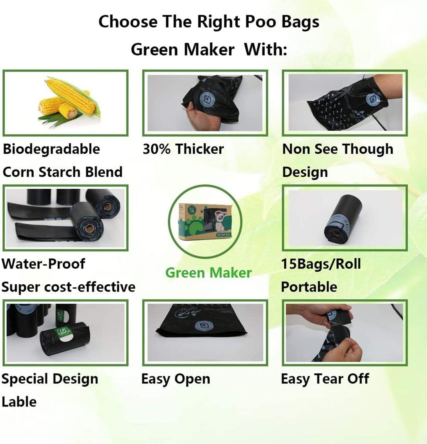 Green Maker Biodegradable 30% Thicker Dog Poop Bags 360 Dog Waste Bags Extra Thick Strong Made from Corn Starch Plants Based (Green)