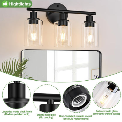 ZASTION 3-Light Bathroom Light Fixtures, Black Bathroom Wall Lights, Modern Bathroom Vanity Light with Clear Glass Shade, Bathroom Wall Lamp for Mirror Kitchen Bedroom Living Room