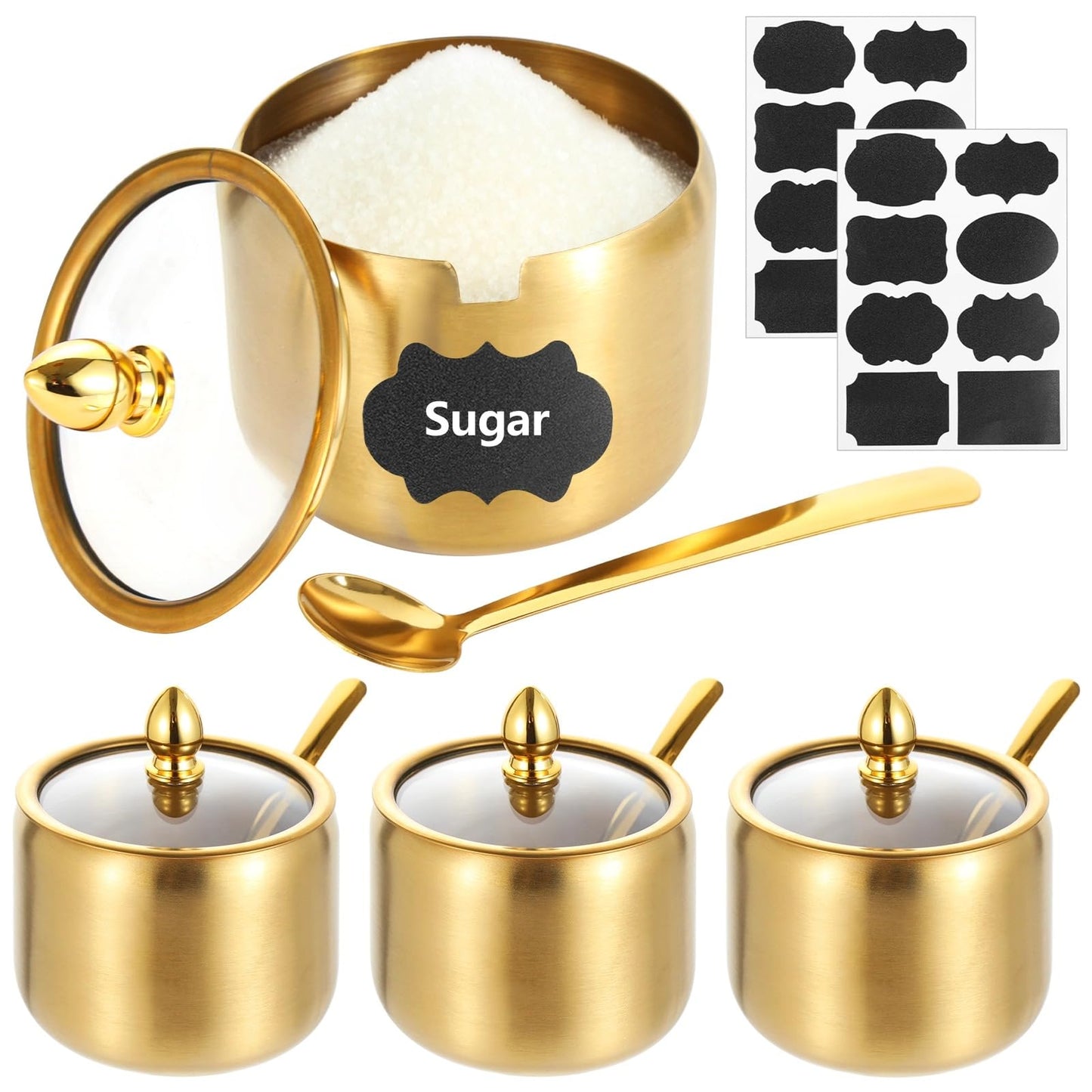 Homaisson 4 Sets Sugar Bowl with Lid And Spoon - 10 Oz Stainless Steel Sugar Container for Coffee Bar, Gold Spice Jar with Label Stickers, Small Condiment Container for Tea Pepper Herbs
