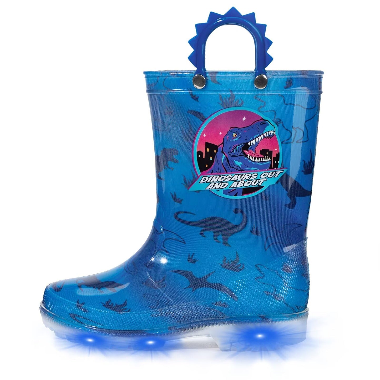 EUXTERPA Light Up Wellies for Boys Girls, Boy Dinosaur Kids Welly Boots Children Wellingtons Waterproof Boots with Handle Size 9 UK Child