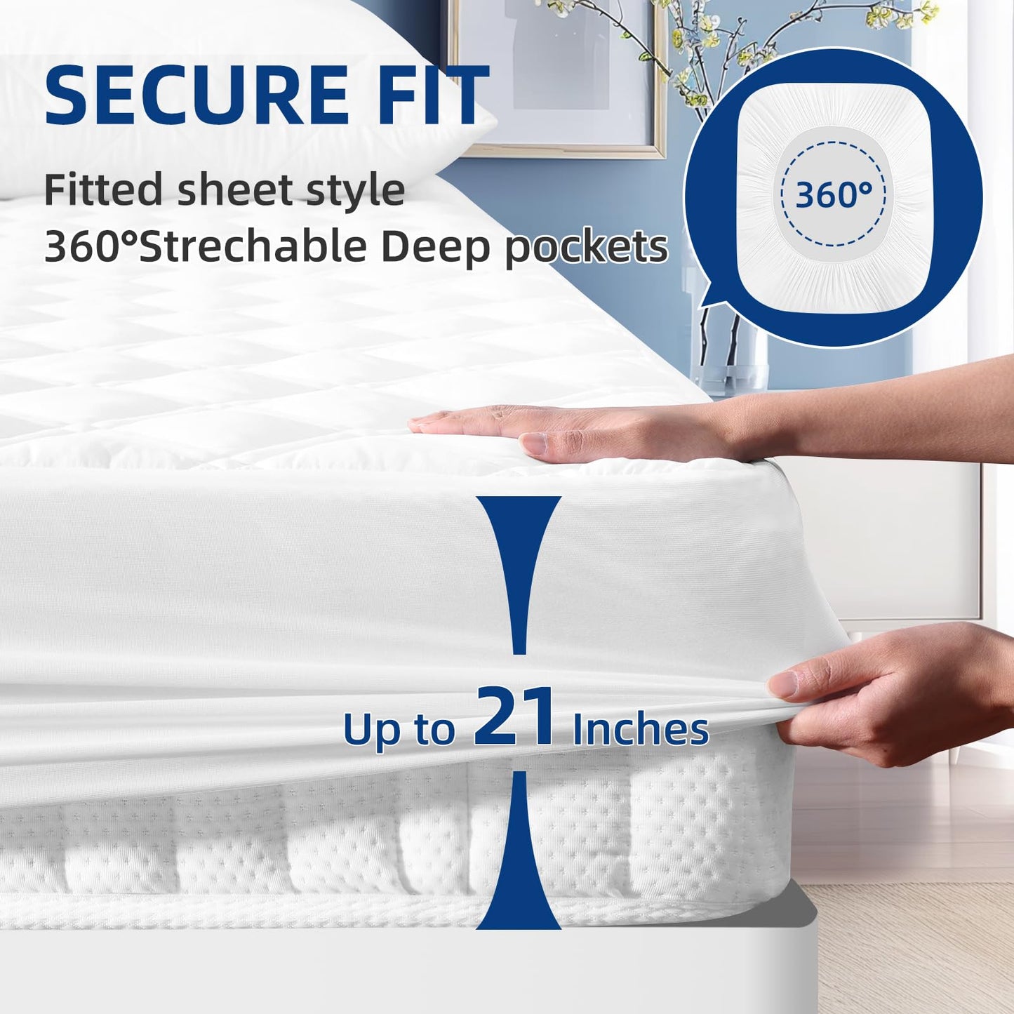 MEELUS Padded Full Mattress Protector, Breathable Waterproof Mattress Pad Cover Fitted Deep Pocket 8"-21", Soft Noiseless Mattress Cover Washable Cooling for Home Hotel Bedroom, White