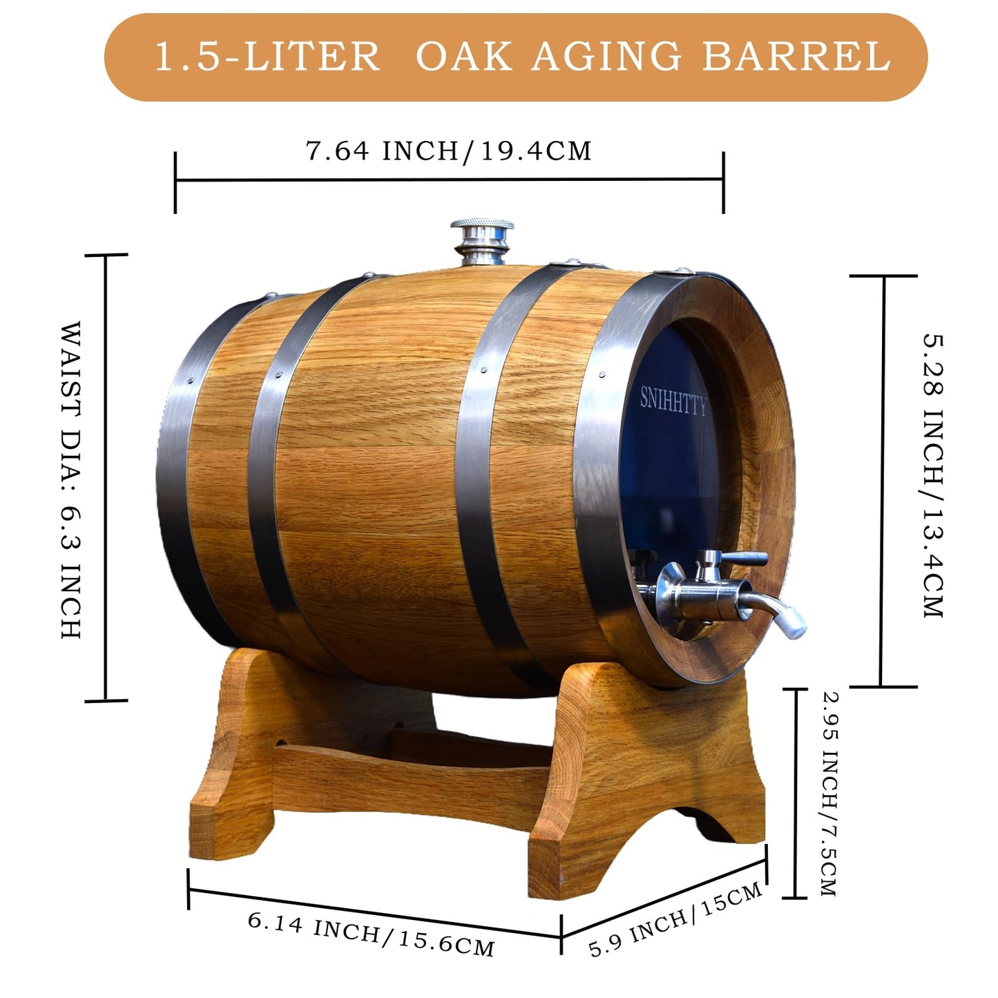 1.5 Liter Visualized Oak Aging Barrel with Stand, Bung & Spigot, Wooden Mini Whiskey Barrel - Charred Oak Barrels for Aging Brandy, Bourbon, Cocktails, Rum, Tequila, Mead Wine, Gin