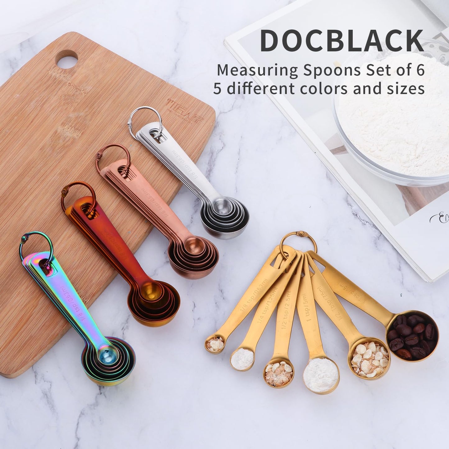 DOCBLACK Measuring Spoons, Heavy Duty 18/8 Stainless Steel Measuring Spoons Cups Set, Set of 6 for Gift Measuring Dry and Liquid Ingredients - Gold