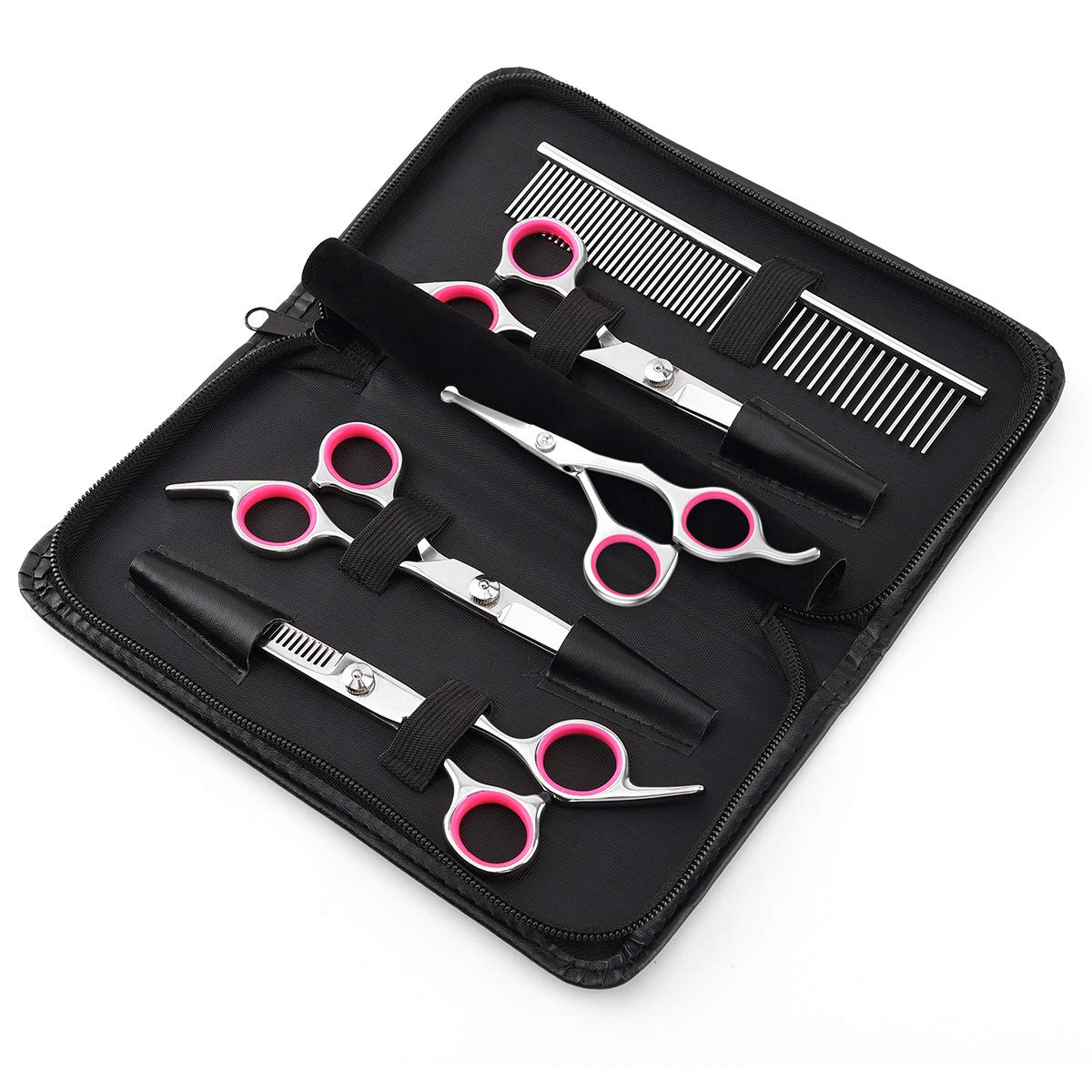 Pawaboo Dog Grooming Scissors Set, 5 Pieces Professional Dog Salon Scissors, Combing Fur Scissors with Round Safety Tip for Pets, Dogs, Cats, Thinning Scissors, Hair Care, Grooming Cutting - Pink