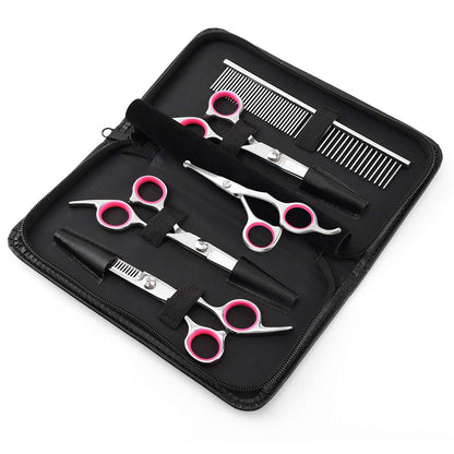 Pawaboo Dog Grooming Scissors Set, 5 Pieces Professional Dog Salon Scissors, Combing Fur Scissors with Round Safety Tip for Pets, Dogs, Cats, Thinning Scissors, Hair Care, Grooming Cutting - Pink