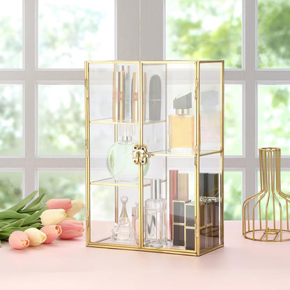 ELLDOO 5 Slots Clear Glass Storage Box, Gold Jewelry Makeup Display Organizer Case, Decorative Tower Box Storage for Trinket Perfume Lipstick Figure Statue Toy Display