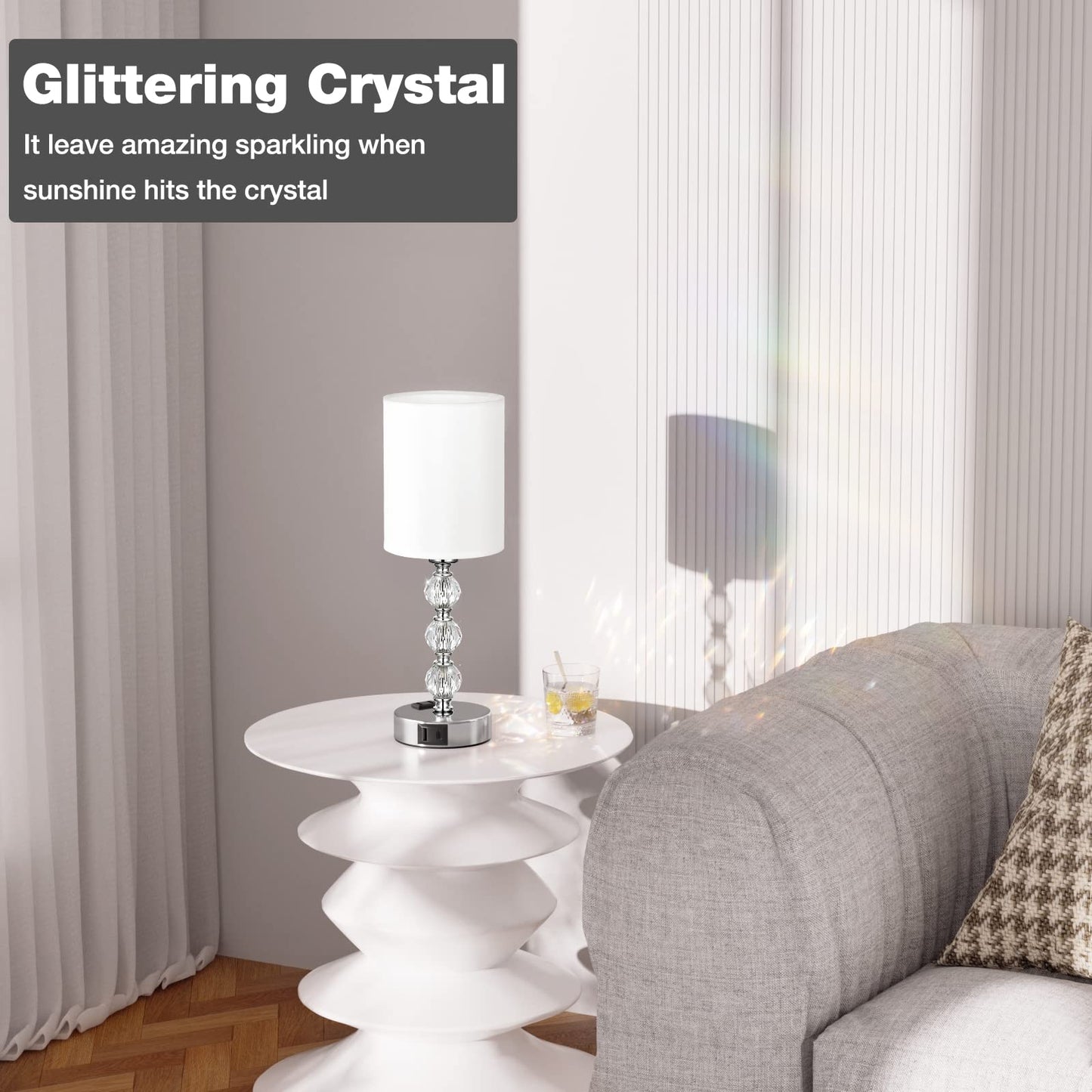 Touch Bedside Crystal Lamps for Bedrooms Nightstand with USB C+A Charging Port and AC Outlet White, 3 Way Dimmable Silver Small End Side Table Lamp for Living/Guest/Dinning Room/Kitchen