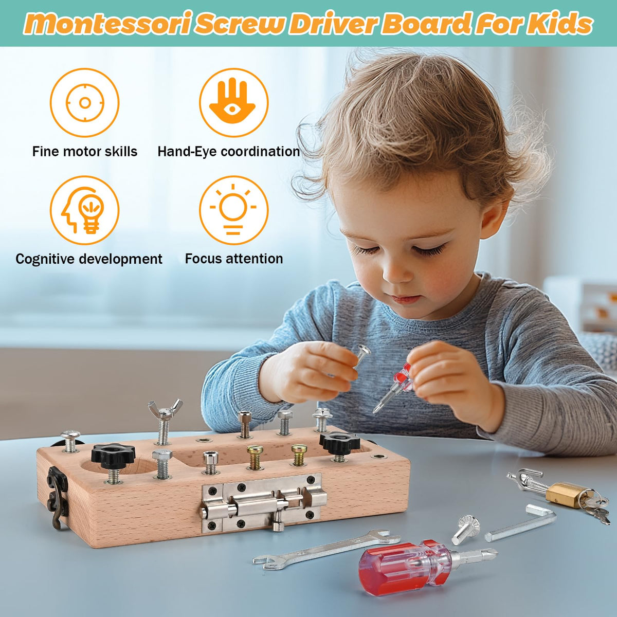 WoodTrove Montessori Screwdriver Board Set with Lock and Key, Montessori Toys for 3 4 5 Year Old, Wooden Screw Driver Activities Tools, Fine Motor Skills Preschool Learning Sensory Toy