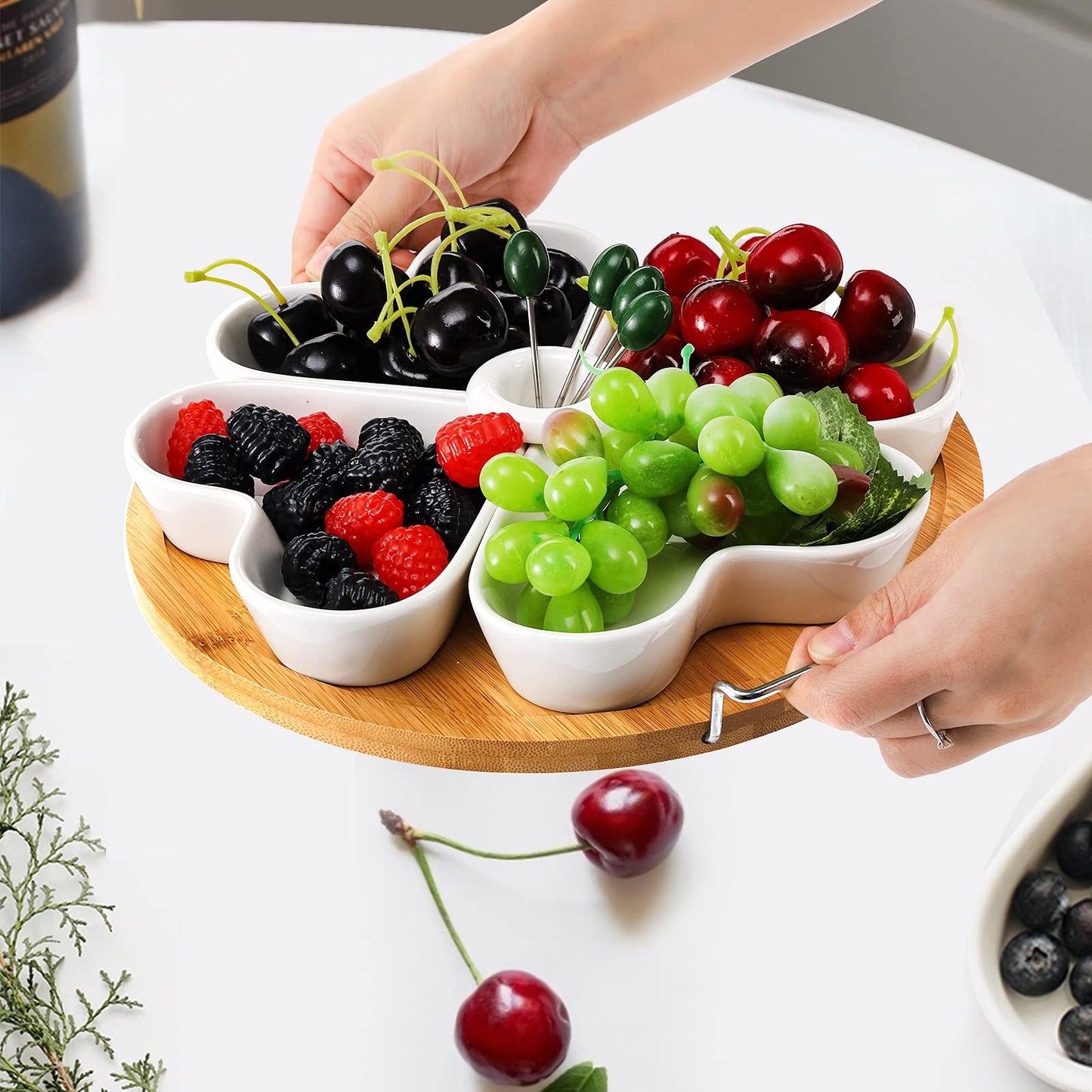 ZEAYEA 11 Inch Appetizer Serving Tray with Holder, Ceramic Divided Serving Platter with Food Picks for Christmas, Relish Tray for Chips and Dip, Veggies, Candy and Snacks, Parties, White