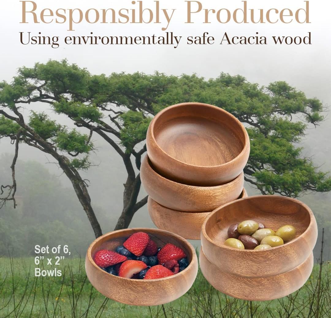 Woodard & Charles Acacia Wood Snack Serving Bowl, 6" x 2" (Set of 6)