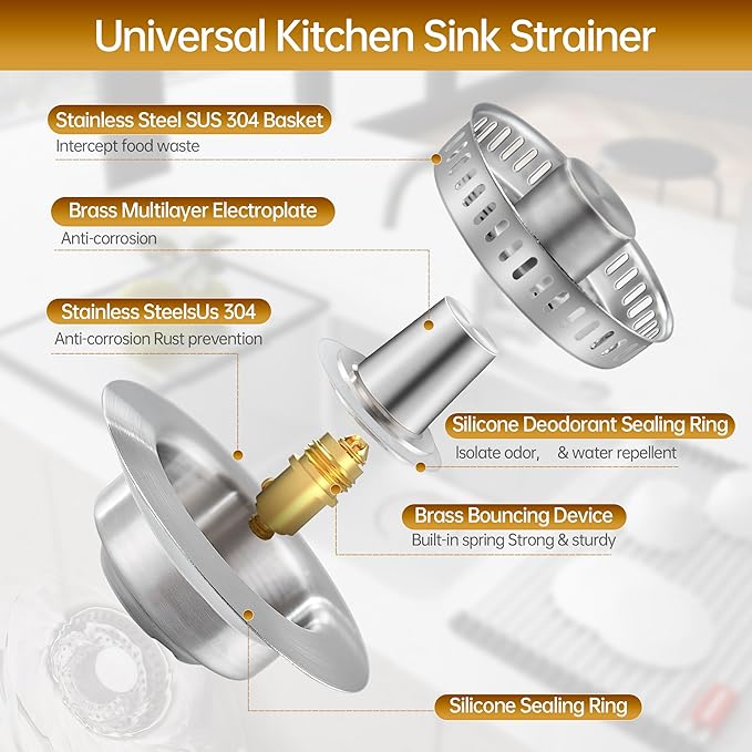 YYKBZ 3 in 1 Kitchen Sink Drain Strainer, Stainless Steel Sink Stopper