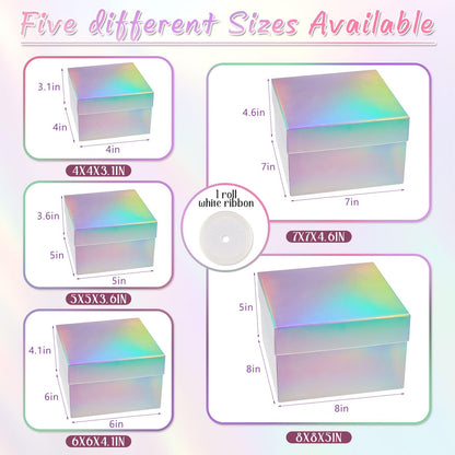 Fulmoon 5 Pack Holographic Silver Square Nesting Gift Boxes with Lids Set Assorted Sizes 8in 7in 6in 5in 4in with Ribbon for Wedding Graduation Birthday Presents Keepsake