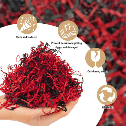 Zankubom 1 LB Crinkle Cut Paper Shred Filler Great for Gift Wrapping, Basket Fillers, Birthday, Gift Wrapping, Fiesta Stranger, Halloween Christmas Party Decor Filling Supplies Black Red
