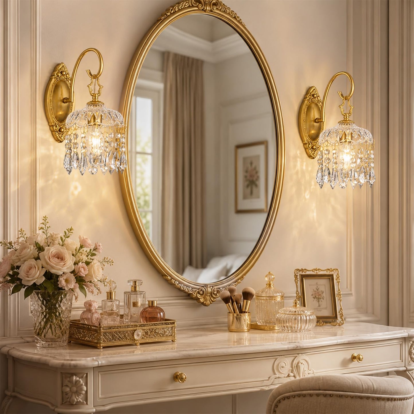 Hamilyeah Crystal Wall Sconces Set of 2, Gold Hardwired Wall Sconce with Faceted Glass Shade and Crystal Drops, Vintage Victorian Brass Wall Light Fixture for Bedroom, Living Room, Hallway, Entryway
