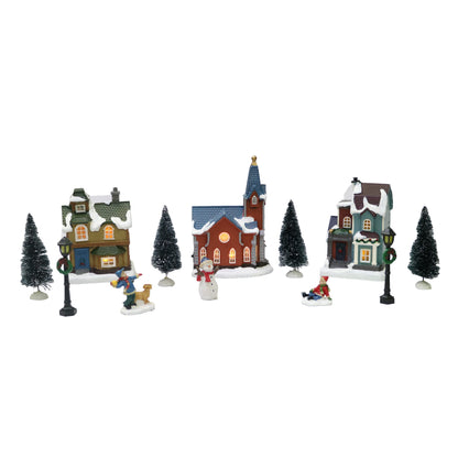 MOMENTS IN TIME Christmas Village Set 12-Piece with LED Lights Miniature Christmas Houses Church Lighted Holiday Décor for Tabletop Mantel Village Display Gift-Ready Packaging
