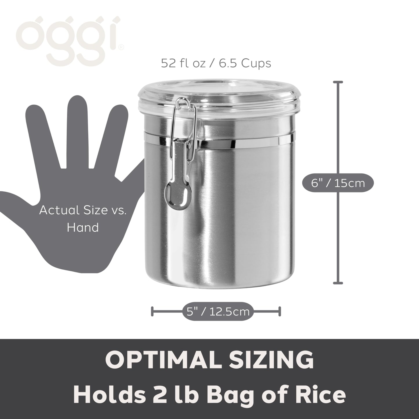Oggi Stainless Steel Kitchen Canister 152 fl oz - Airtight Clamp Lid, Clear See-Thru Top - Ideal for Kitchen Storage, Food Storage, Pantry Storage. Jumbo Size 8" x 8".