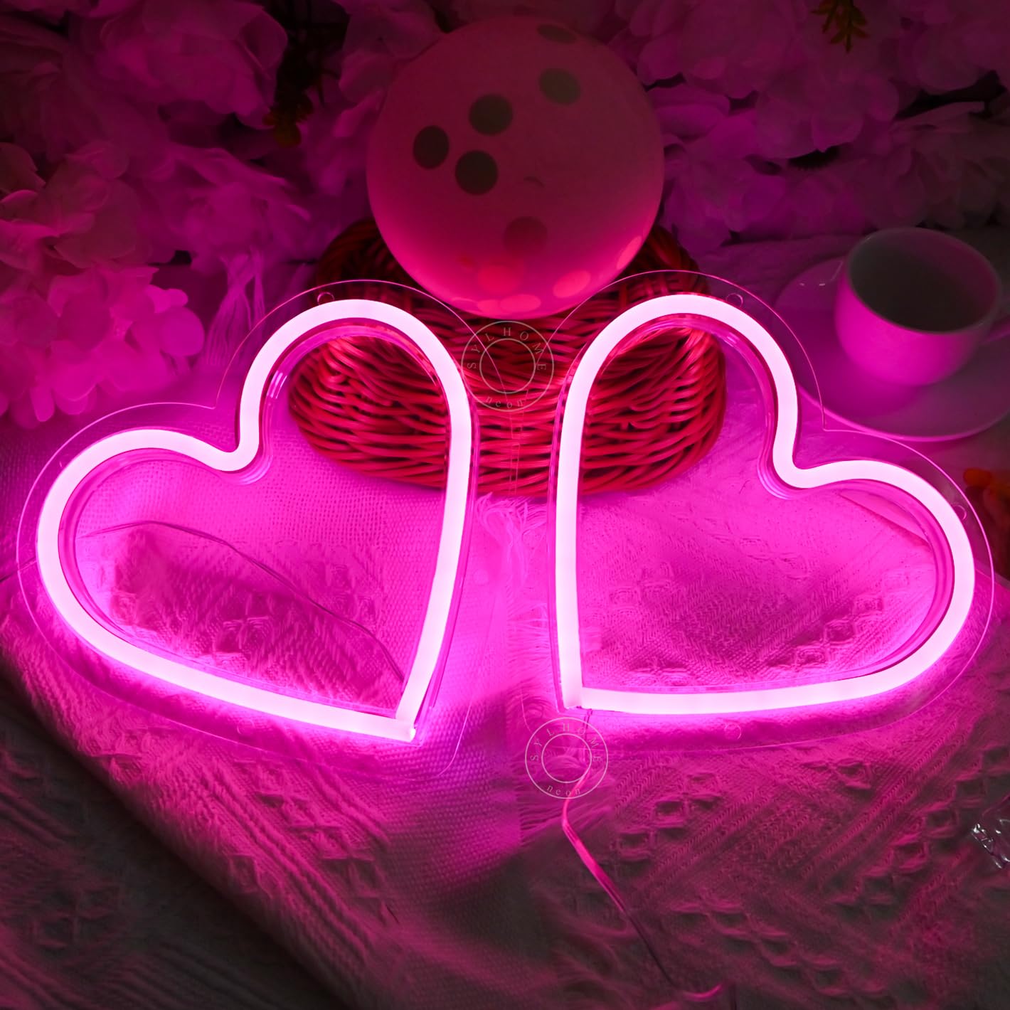 SYLHOME 2 Pack Heart Pink Led Neon Light Sign Battery Operated or USB Powered Bedroom Wedding Wall Sign Decor Valentines Day Birthday Christmas Gifts USB 7.87" X 7.28"