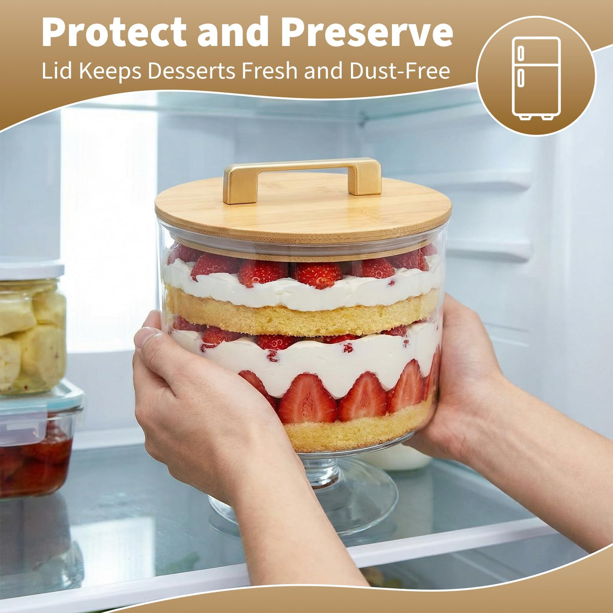 Piszvbej Trifle Bowl with Pedestal and Lid, Crystal Clear Glass, Wood Lid with Convenient Handle and Sealing Ring, for Laying Layered Dessert, Ice Cream and Cake, Ideal for Party Displays