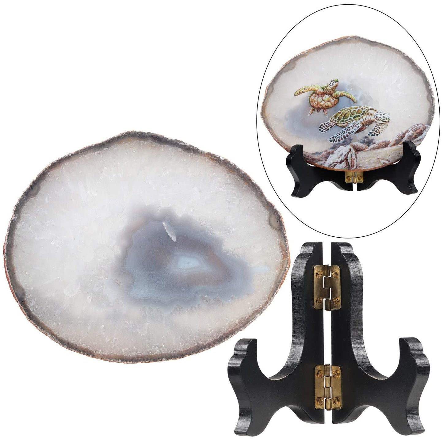 TUMBEELLUWA Natural Irregular Agate Slice Painting Decor with Wooden Stand Agate Geode Slab for Desk Hallway, Sea Turtle