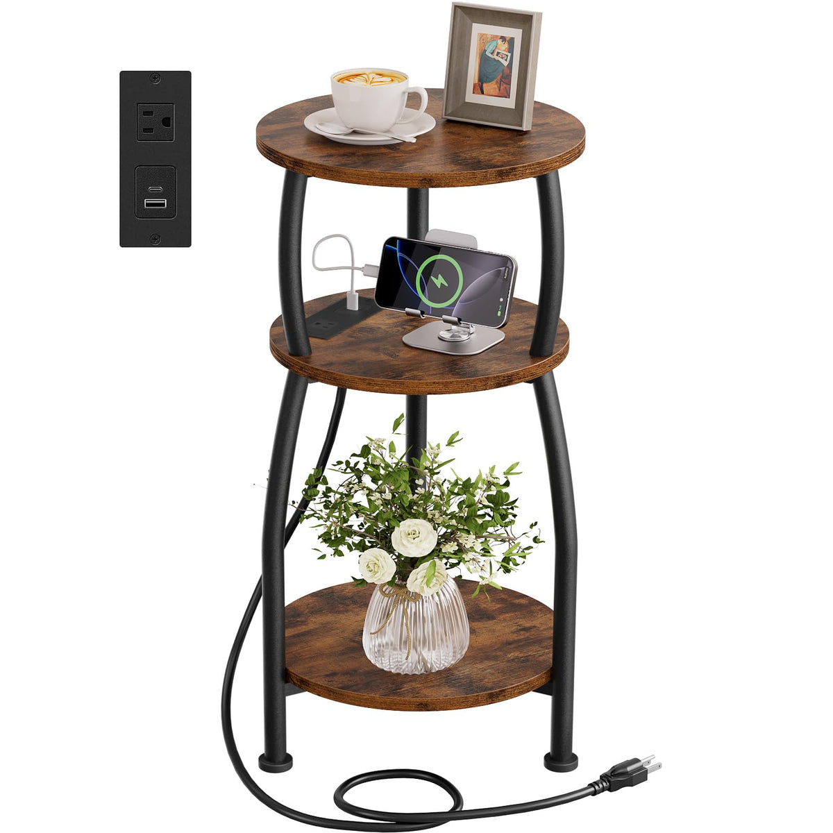 Yuede Round Side Table with Power Outlet & USB Ports, 3-Tier End Table with Storage Shelf, Modern Rustic Nightstand, Small Spaces Accent Table for Living Room Bedroom, Easy Assembly, Rustic Brown