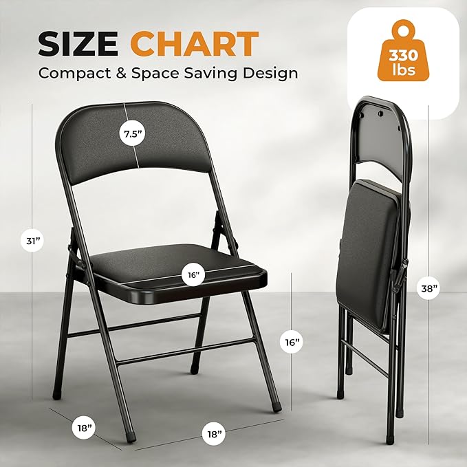 4 Pack Leather Chair | Foldable & Stackable | 350 lbs Capacity Steel Frame Seats for Indoor or Outdoor | Commercial Use Events Wedding Party Events Bulk Picnic Kitchen Dining - Black
