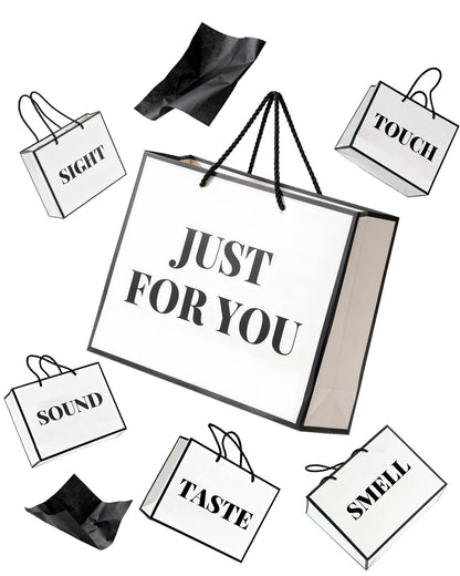 Bojoroy 5+1 Senses Gift Bags for Him/Her with Labels - A Heartwarming, Ready for Birthday, Anniversary & Holidays 6 Themed Bundle Bags for Boyfriend, Girlfriend, Husband & Wife - Classic Black & White