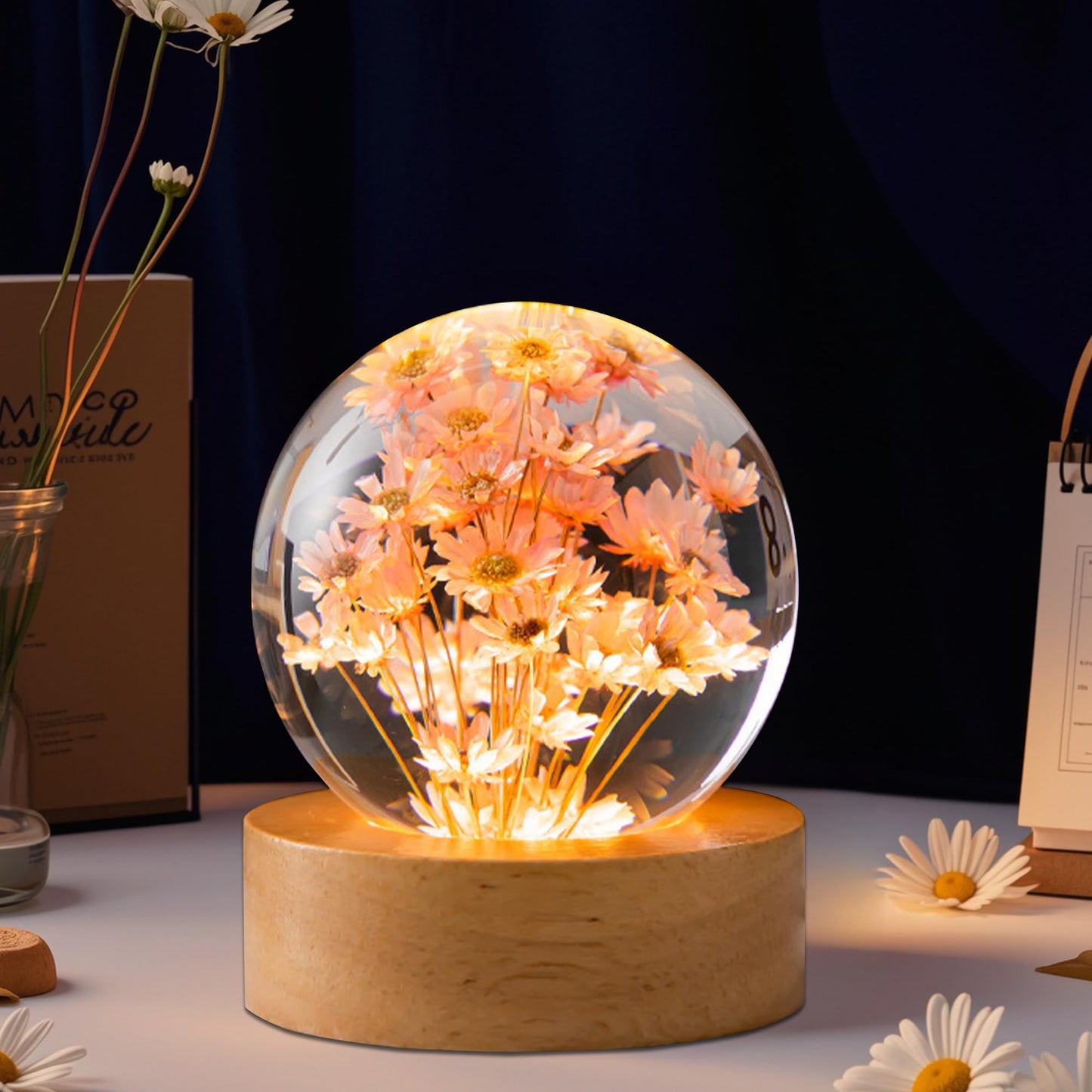 Daisy Decor Gifts,Daisy Flower Lamp Crystal Ball Night Light,2.4 Inch Glass Ball Lamp with LED Wooden Base,Soft Warm White Lighting for Women Best Friends Sister Birthday Xmas Aesthetic Gift(Red)