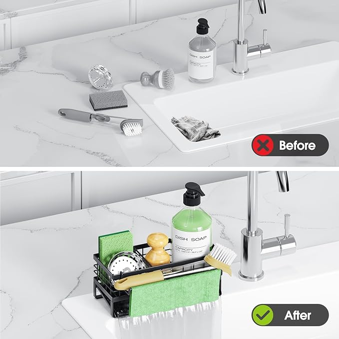 Self-Draining Kitchen Sink Caddy, Rustproof Non-Slip Metal Sponge Holder