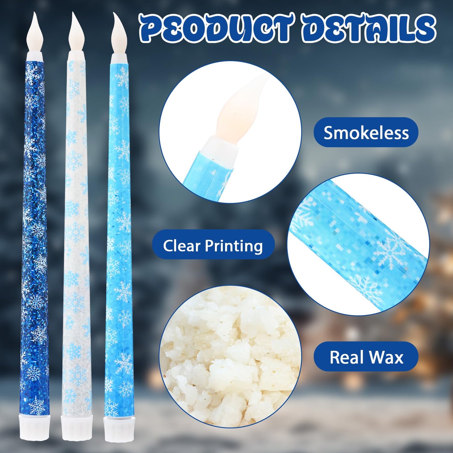 Kittmip 6 Pcs Snowflakes Wonderland Flameless Taper Candles 11 Inch Winter Battery Operated LED Candles Blue White Table Centerpiece for Christmas Xmas Holiday Party Decor