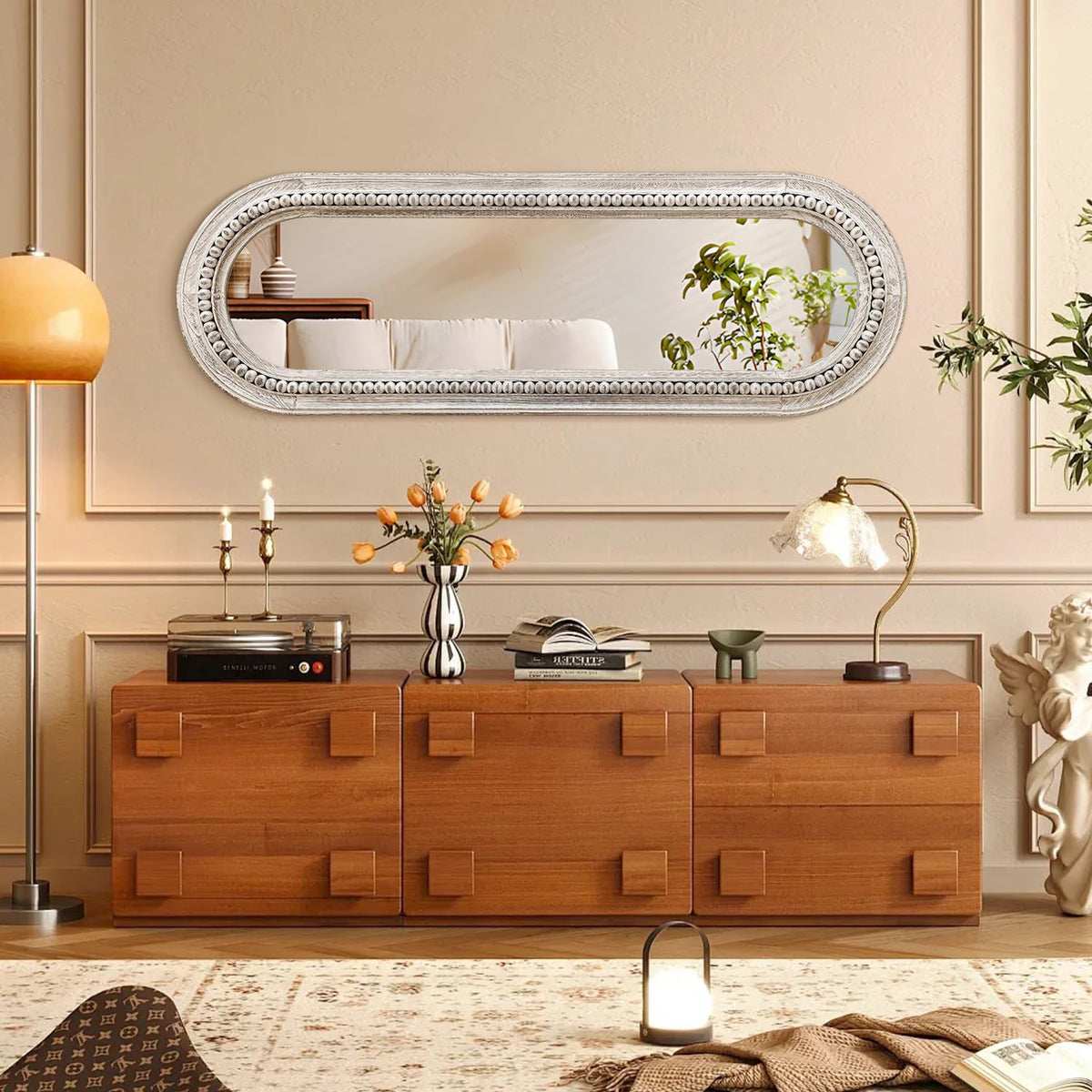 MWAZZLL Wall Mirror Full Length with Beaded Framed Oval Rustic Wood Mirrors Decrorative Large 47"x16" for Bedroom Bathroom Living Room Entryway Dressing Room White