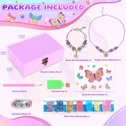 PinkSheep Arts and Crafts for Girls 6-12,Butterfly Jewelry Box for Girls,DIY Treasure Keepsake Box with Necklace & Bracelet Make It Set Gift