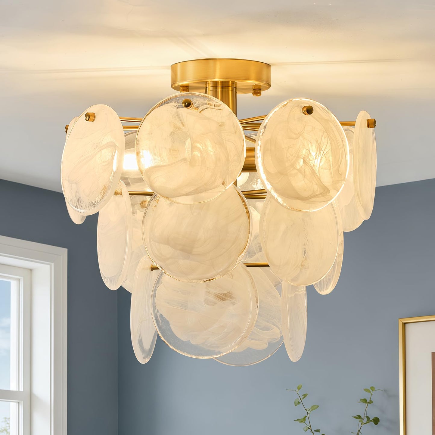 LOZOHOM 15" Brass Gold Semi Flush Mount Ceiling Light,13 lb Sturdy Vintage Flush Mount Chandelier with Unique Cloud Glass, 4-Light Modern Hallway Light Fixtures for Bedroom Laundry Room Foyer Entryway