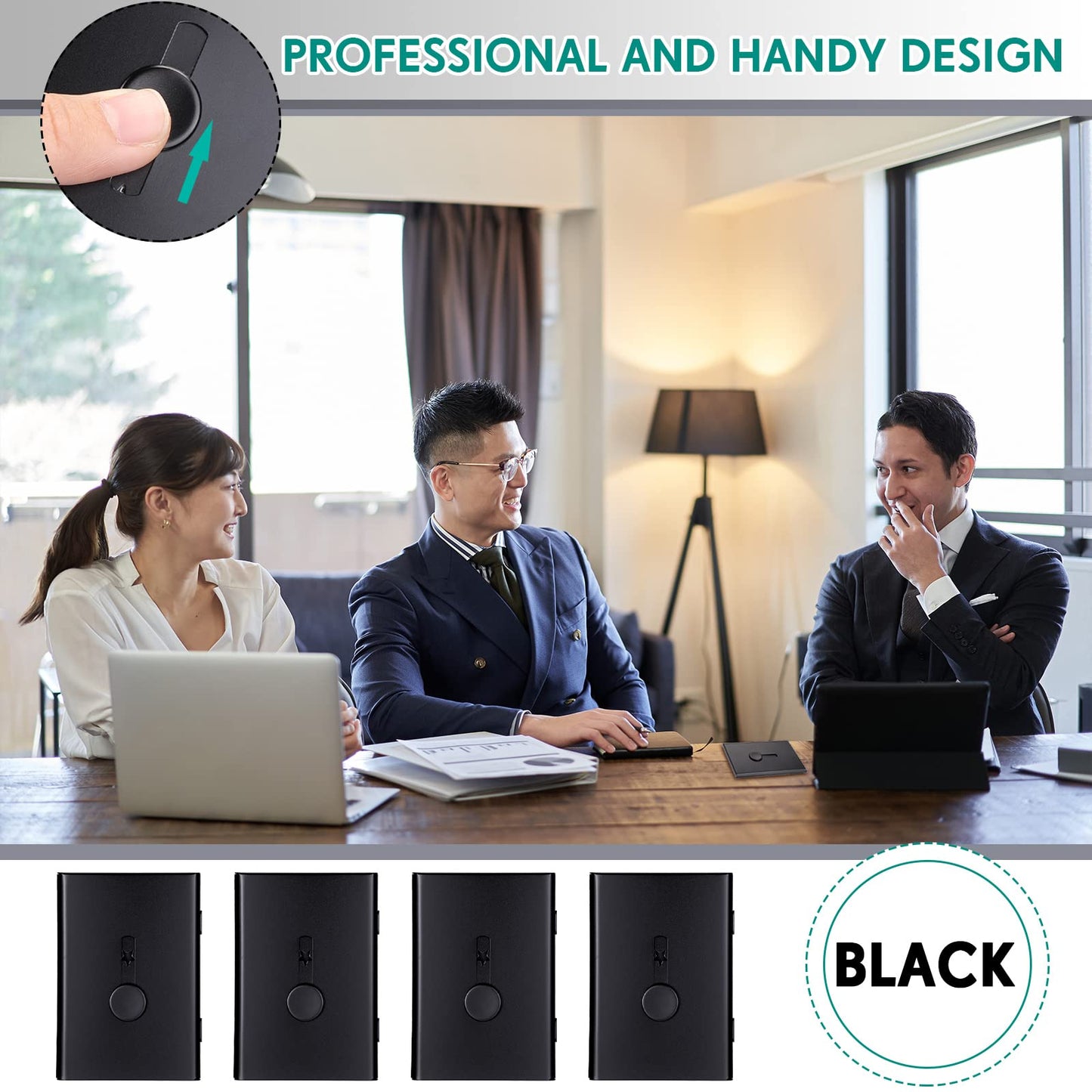 Nuanchu 4 Packs Black Business Card Holder Thumb Drive Business Card Case Metal Slide out Portable name holder Pocket name Case for Men Women Credit ID(Black)